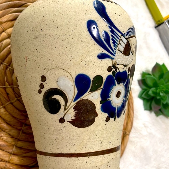 Vintage Tonala Large Pottery Vase Hand Painted Bird Mexico Flower - Picture 7 of 9